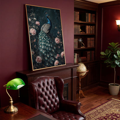 Peacock with Blooming Flowers Canvas Print in antique gold floating frame