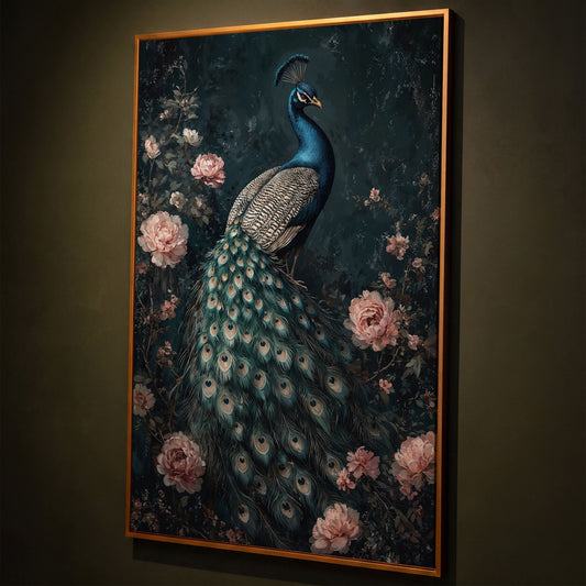 Peacock with Blooming Flowers Canvas Print shown in antique gold floating frame