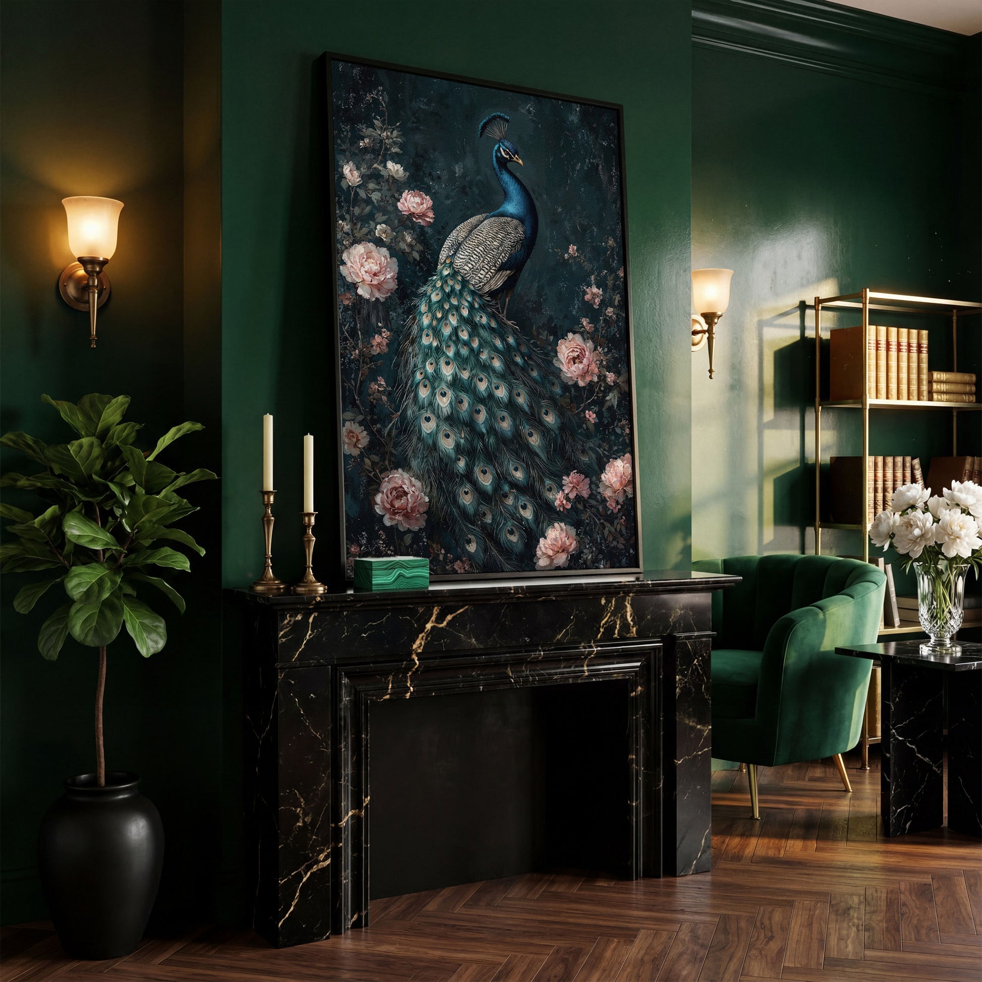 Peacock with Blooming Flowers Canvas Print in black floating frame