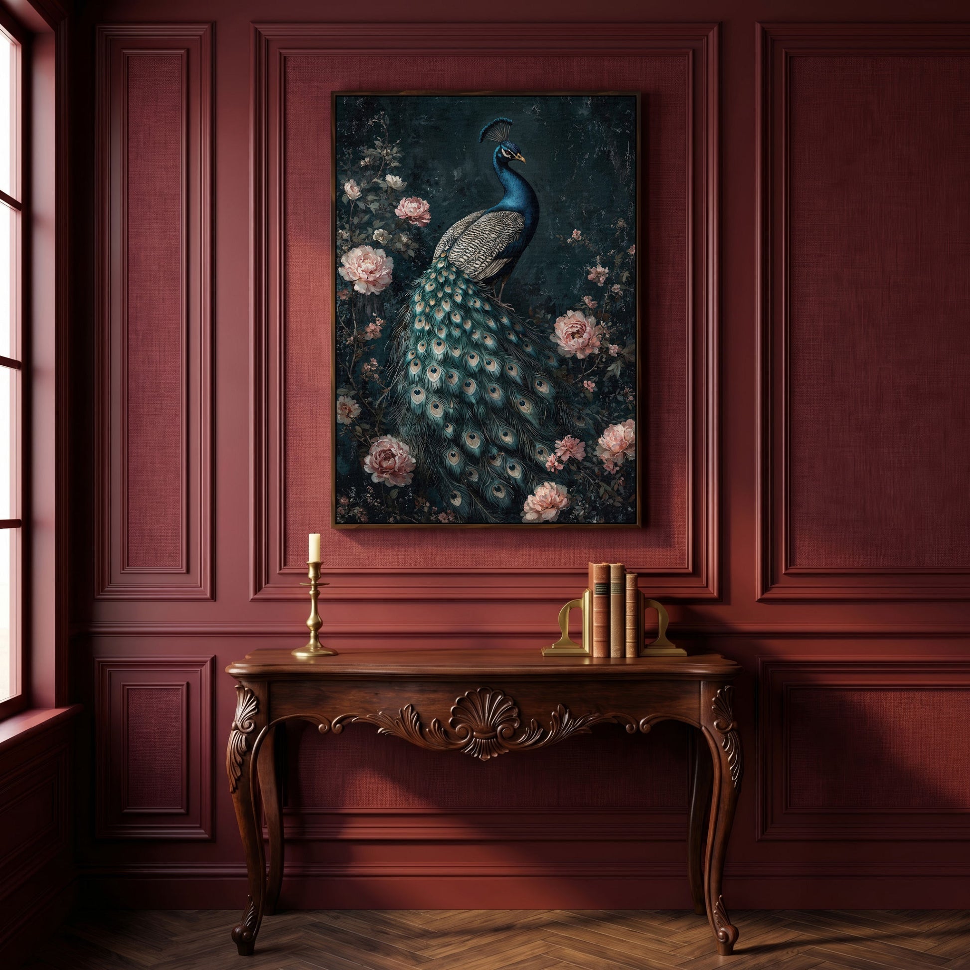 Peacock with Blooming Flowers Canvas Print in dark walnut floating frame