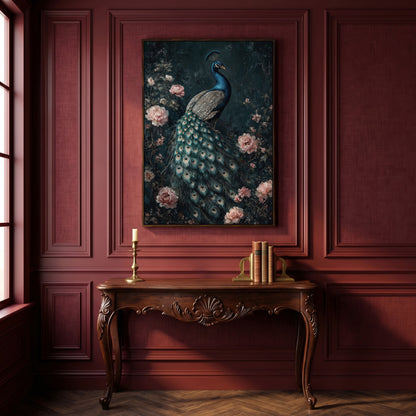 Peacock with Blooming Flowers Canvas Print in dark walnut floating frame