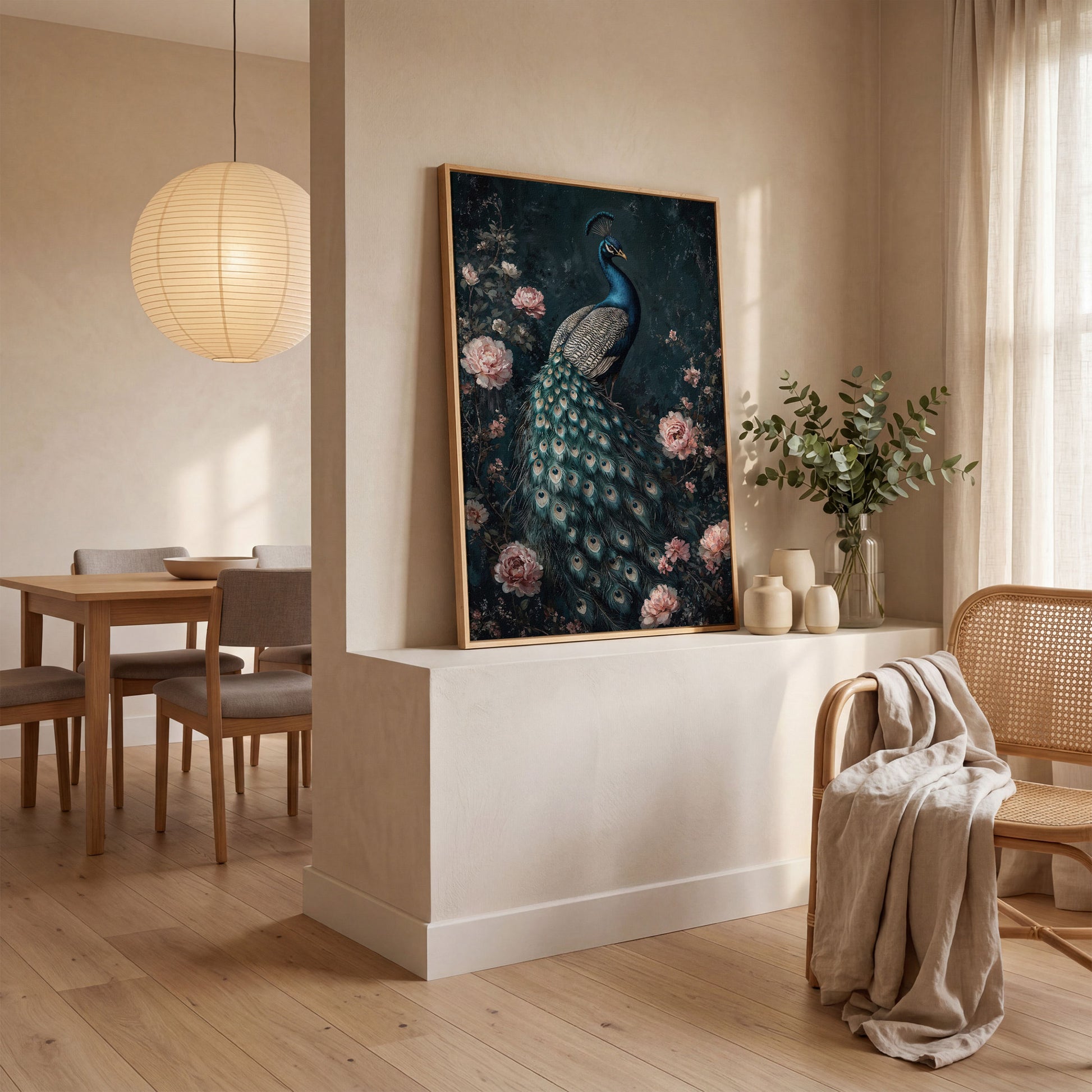 Peacock with Blooming Flowers Canvas Print in white oak floating frame