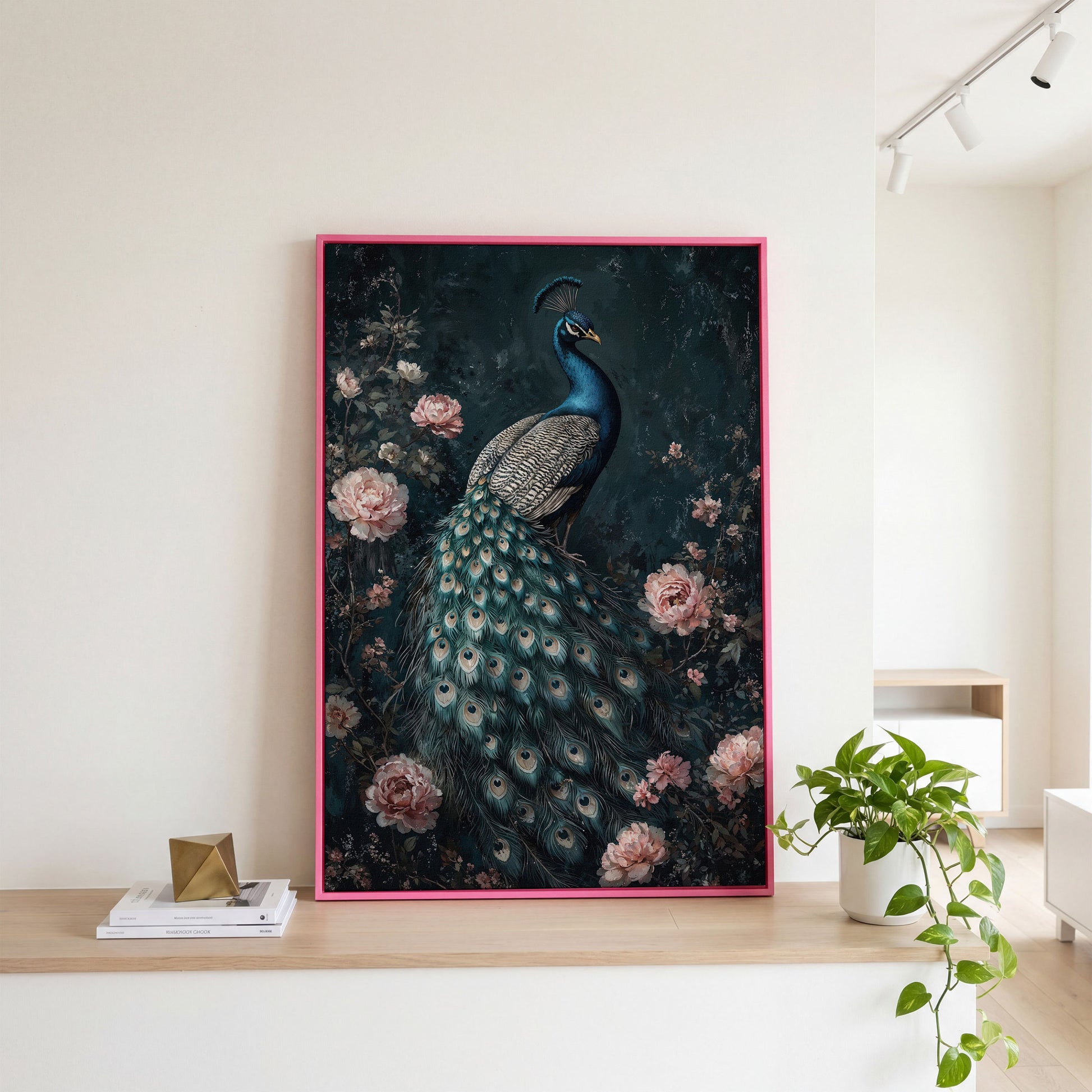Peacock with Blooming Flowers Canvas Print in pink floating frame