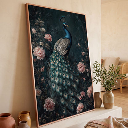 Peacock with Blooming Flowers Canvas Print in rose gold floating frame