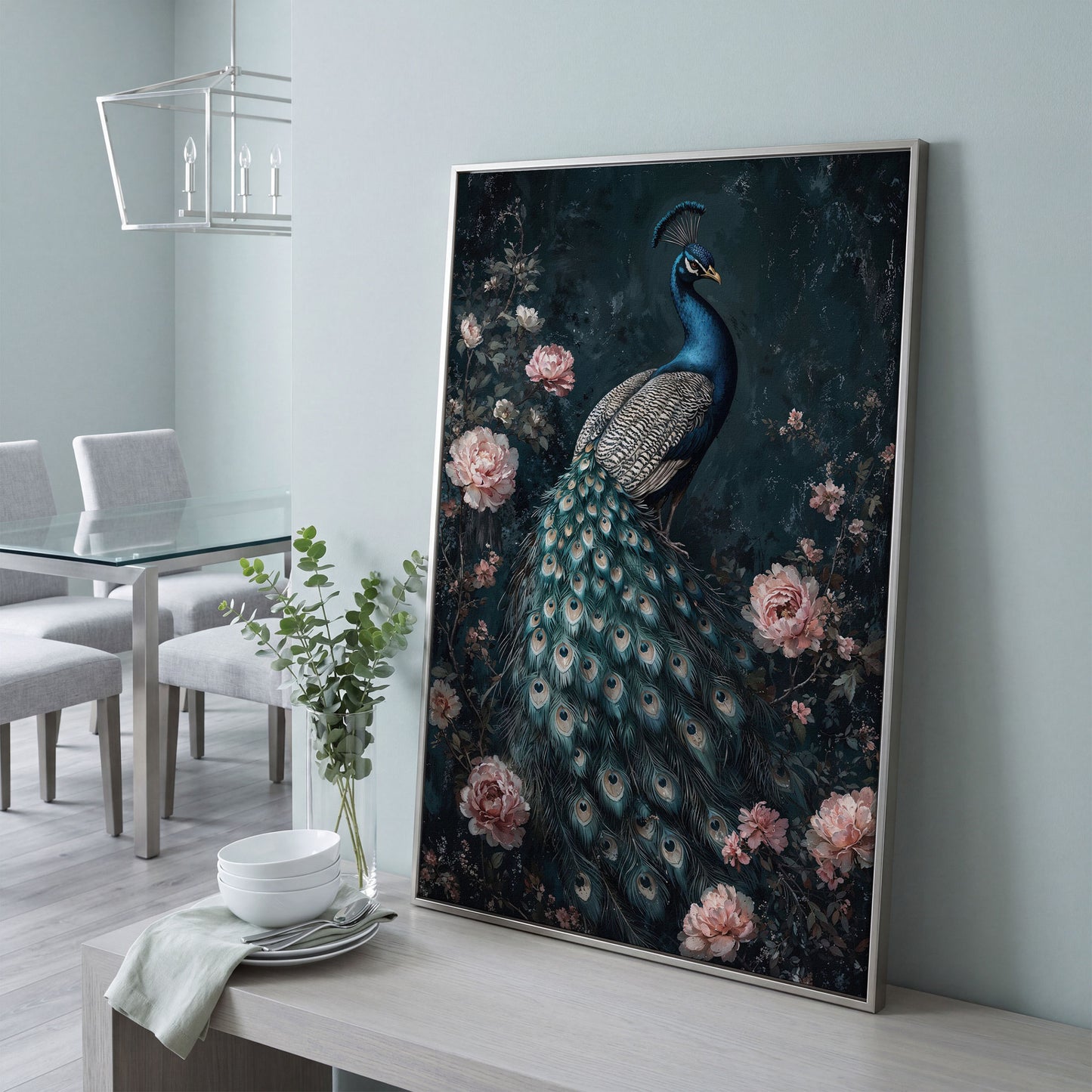 Peacock with Blooming Flowers Canvas Print in silver floating frame