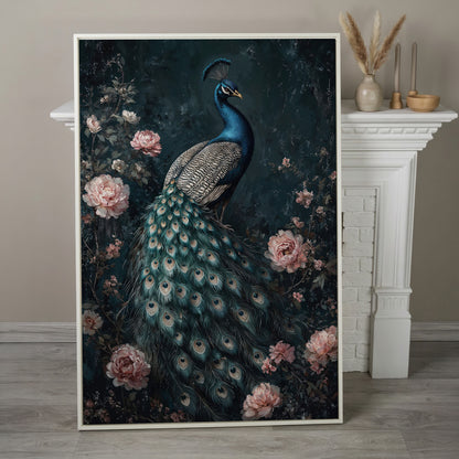 Peacock with Blooming Flowers Canvas Print in white floating frame