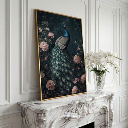 Peacock with Blooming Flowers Canvas Print in yellow gold floating frame