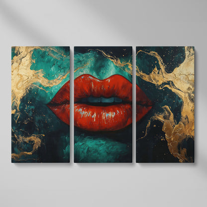 Bold Red Lips Canvas Print with Abstract Emerald Marble as 3-panel split version