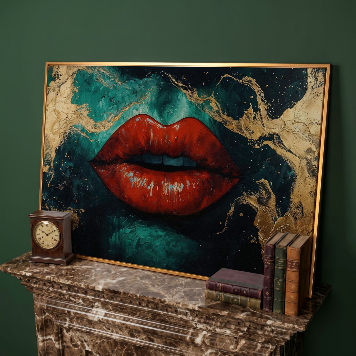 Bold Red Lips Canvas Print with Abstract Emerald Marble in antique gold floating frame