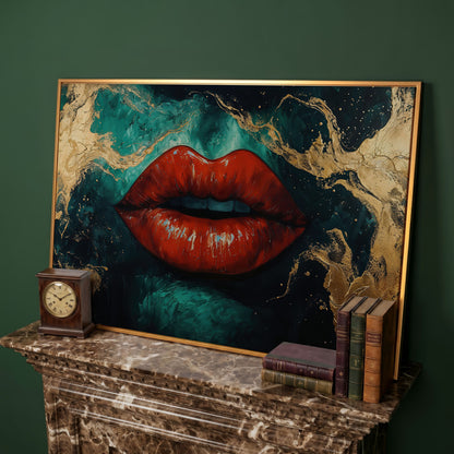 Bold Red Lips Canvas Print with Abstract Emerald Marble in antique gold floating frame