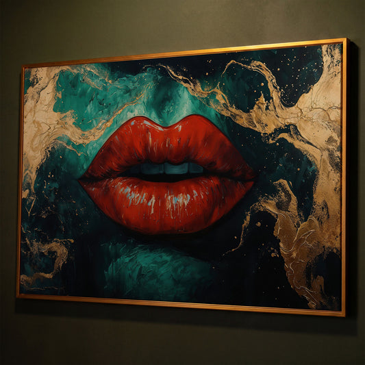 Bold Red Lips Canvas Print with Abstract Emerald Marble shown in antique gold floating frame