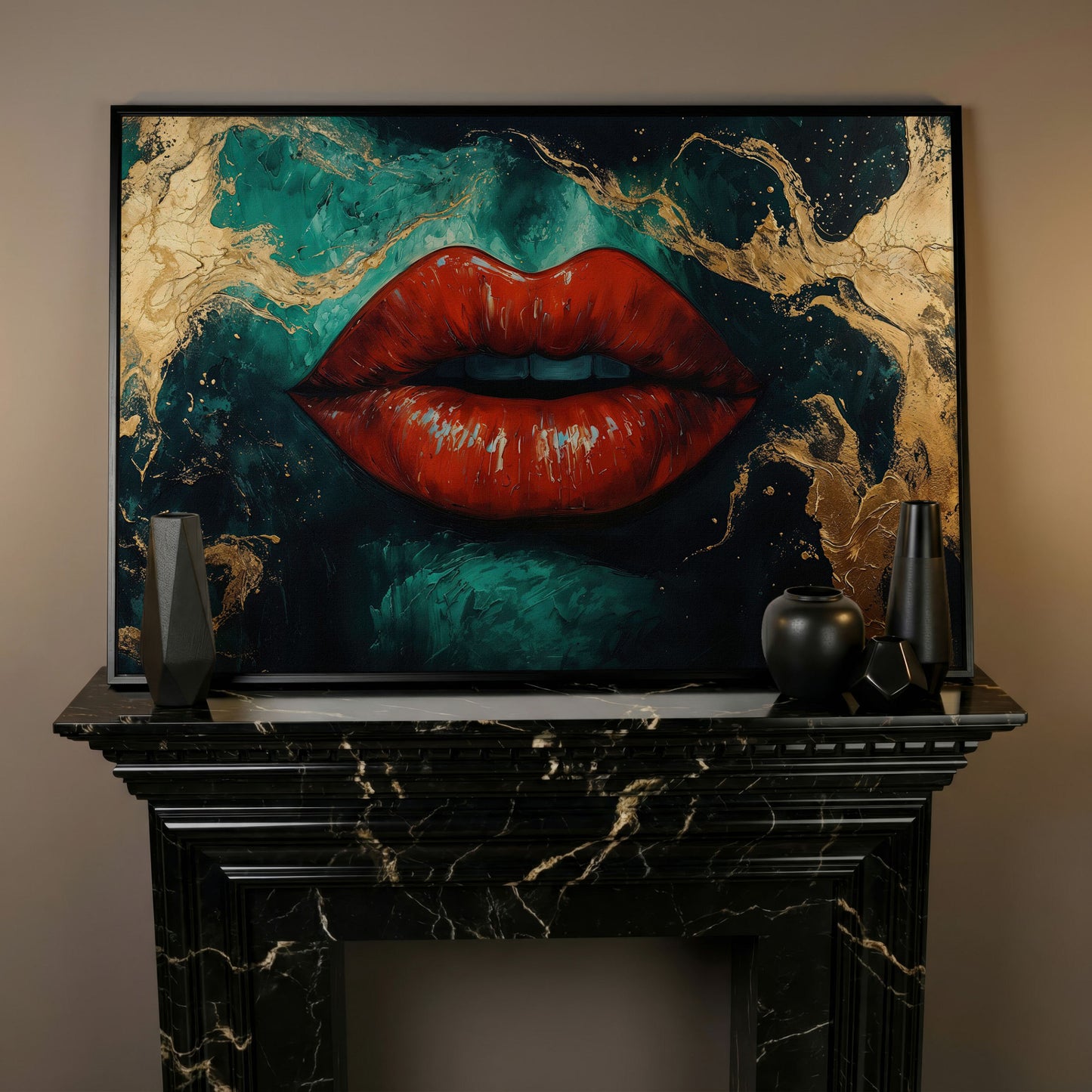 Bold Red Lips Canvas Print with Abstract Emerald Marble in black floating frame