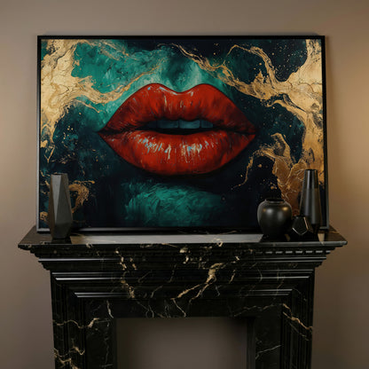 Bold Red Lips Canvas Print with Abstract Emerald Marble in black floating frame