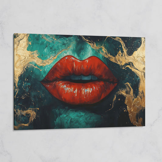 Bold Red Lips Canvas Print with Abstract Emerald Marble on gallery wrap