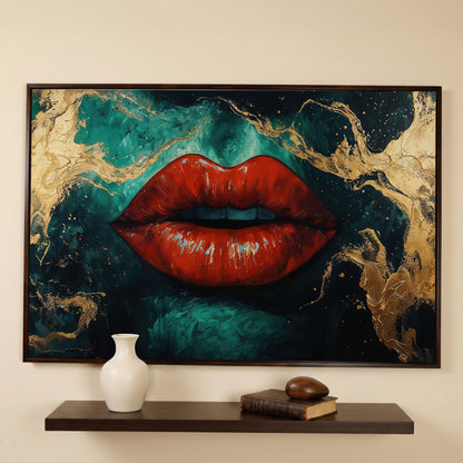 Bold Red Lips Canvas Print with Abstract Emerald Marble in dark walnut floating frame