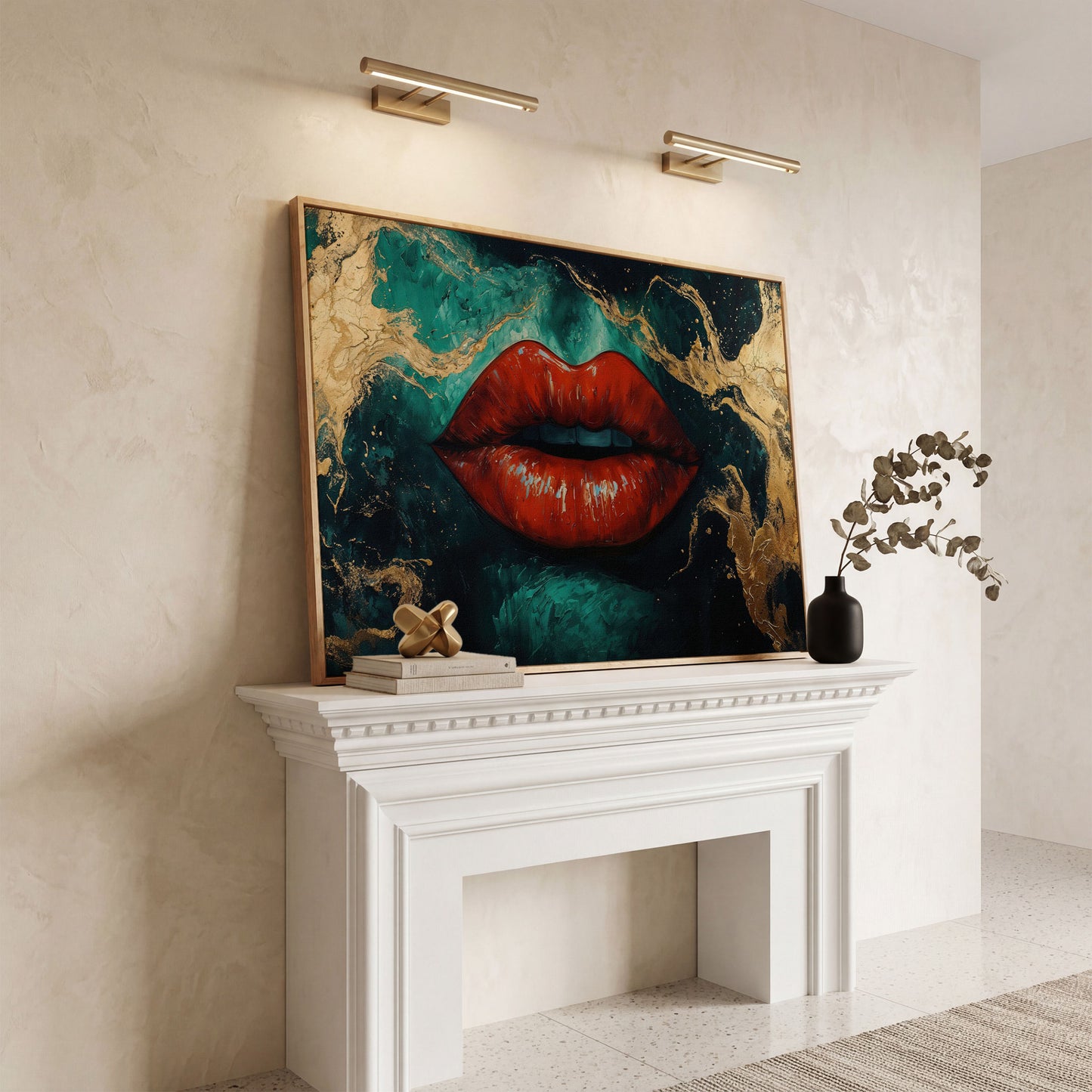 Bold Red Lips Canvas Print with Abstract Emerald Marble in white oak floating frame