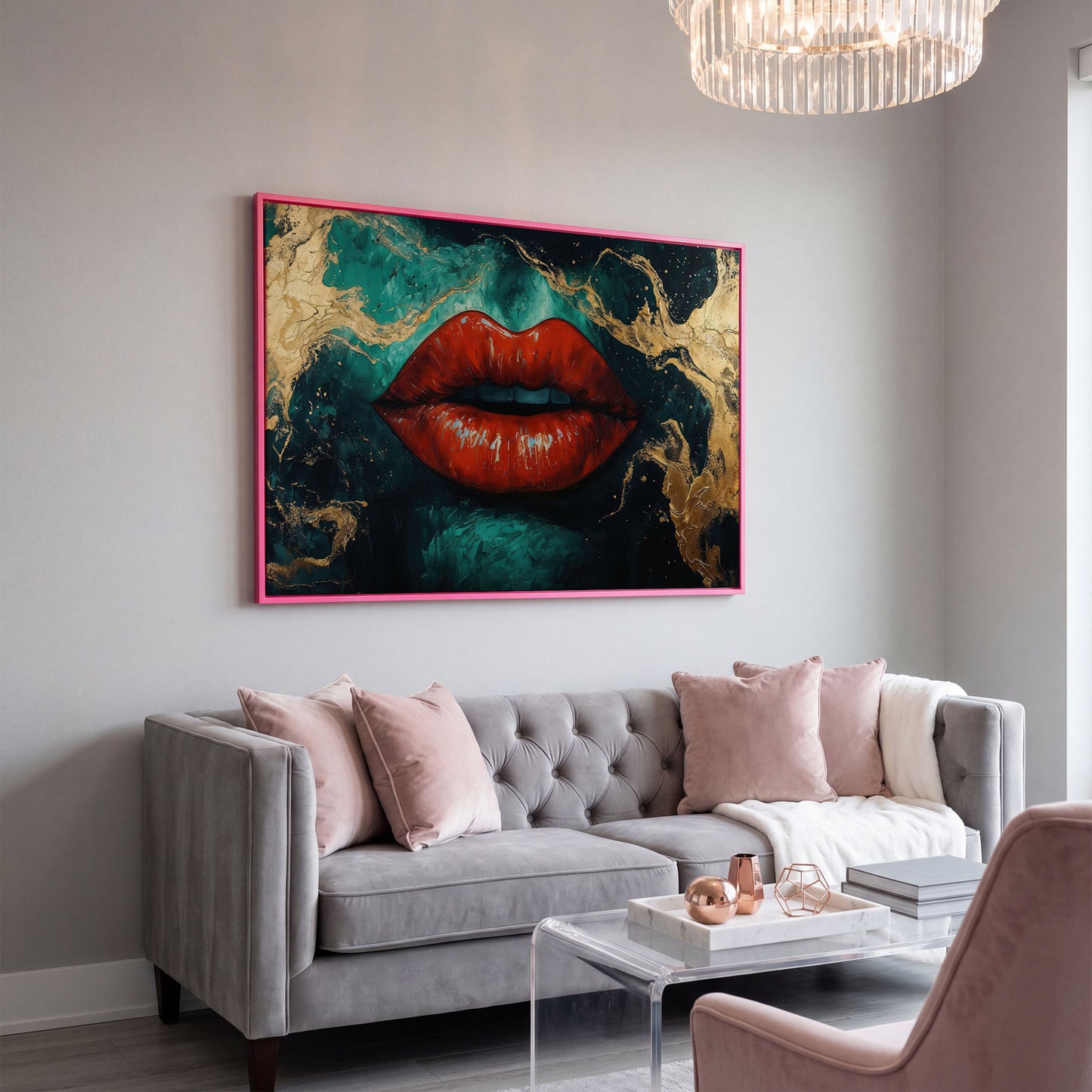Bold Red Lips Canvas Print with Abstract Emerald Marble in pink floating frame