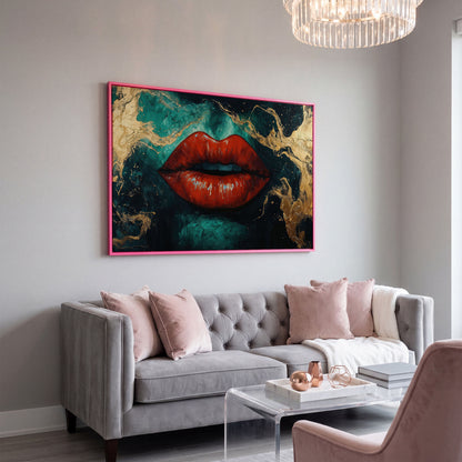 Bold Red Lips Canvas Print with Abstract Emerald Marble in pink floating frame