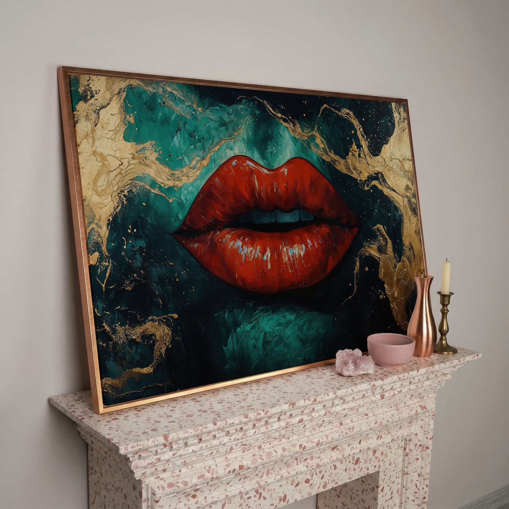 Bold Red Lips Canvas Print with Abstract Emerald Marble in rose gold floating frame