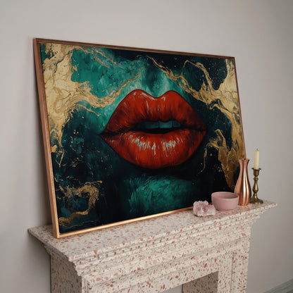 Bold Red Lips Canvas Print with Abstract Emerald Marble in rose gold floating frame