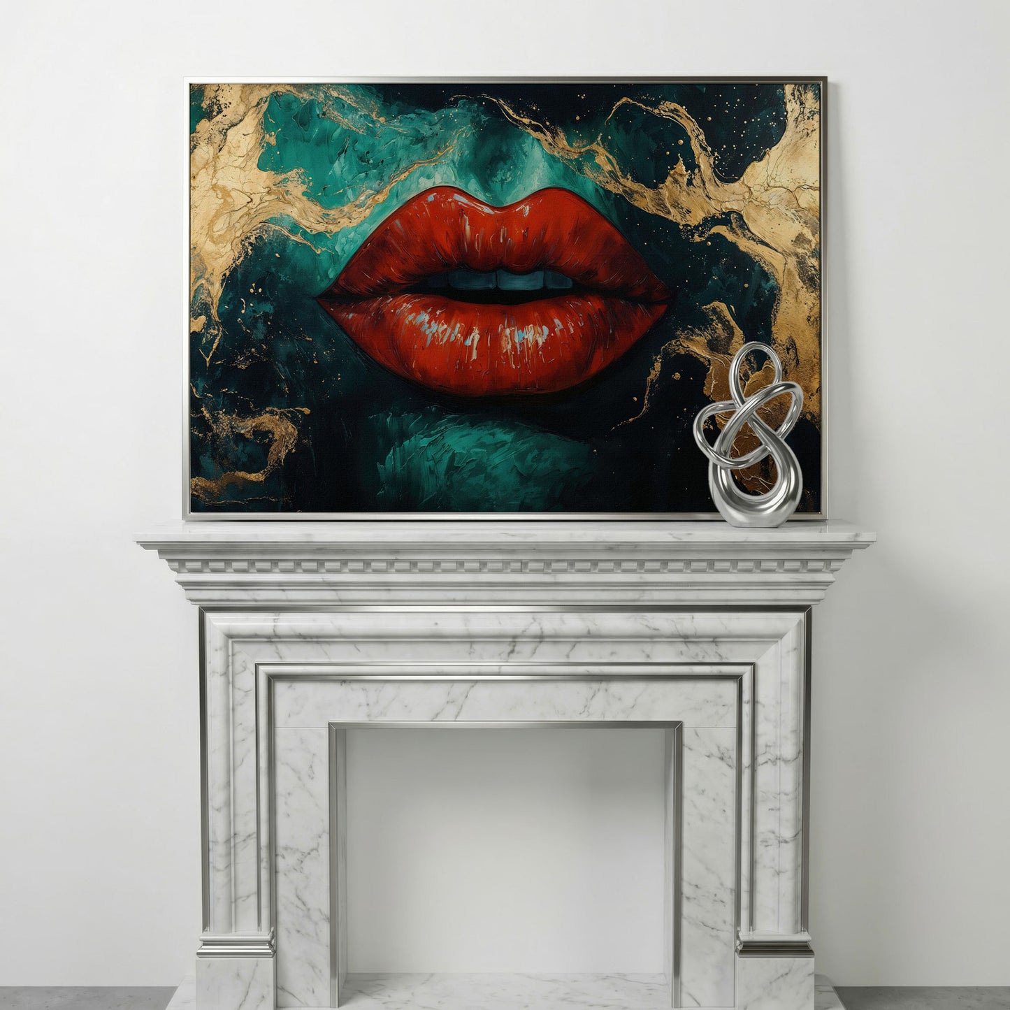 Bold Red Lips Canvas Print with Abstract Emerald Marble in silver floating frame