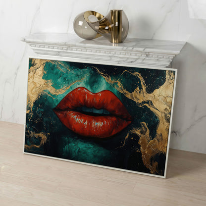 Bold Red Lips Canvas Print with Abstract Emerald Marble in white floating frame