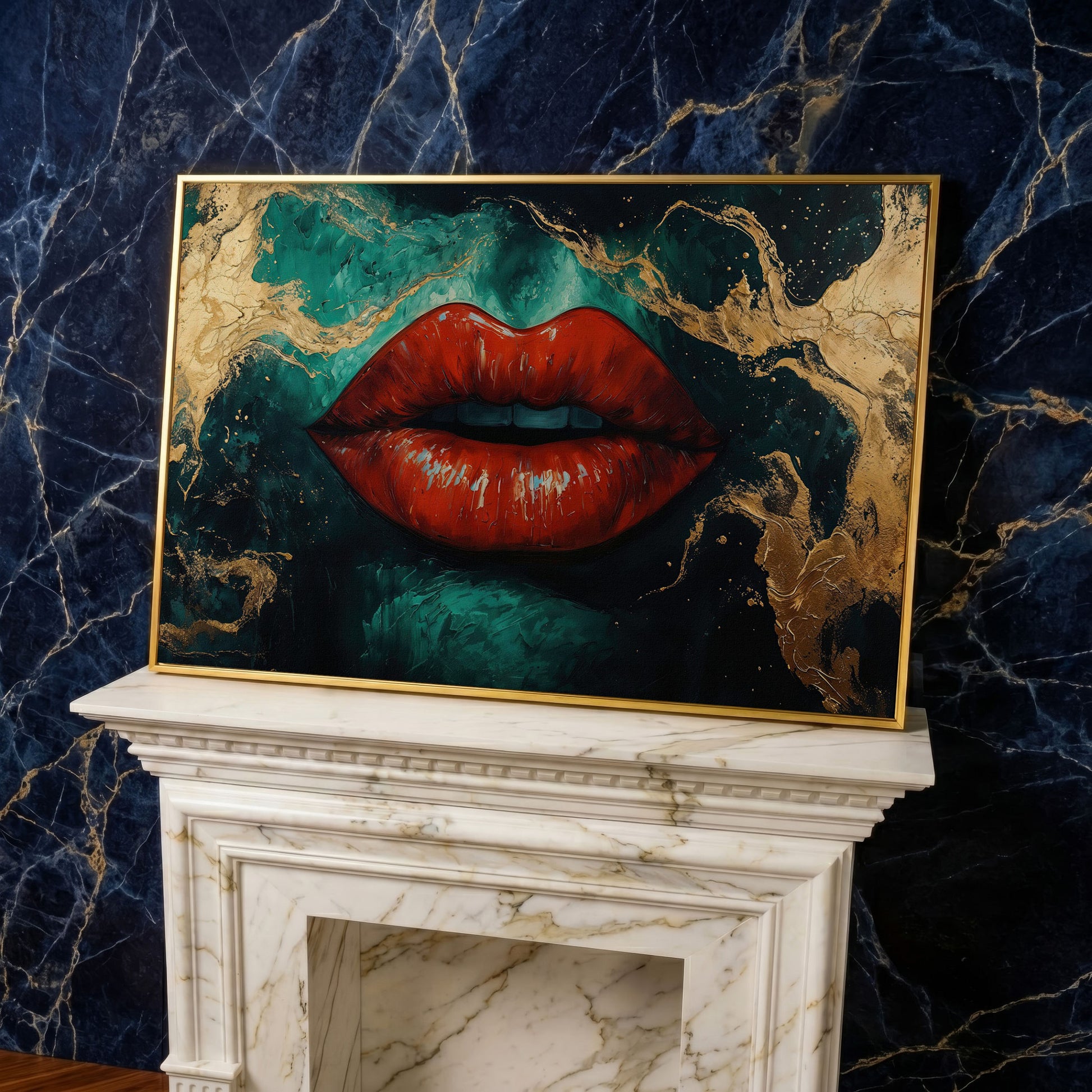 Bold Red Lips Canvas Print with Abstract Emerald Marble in yellow gold floating frame