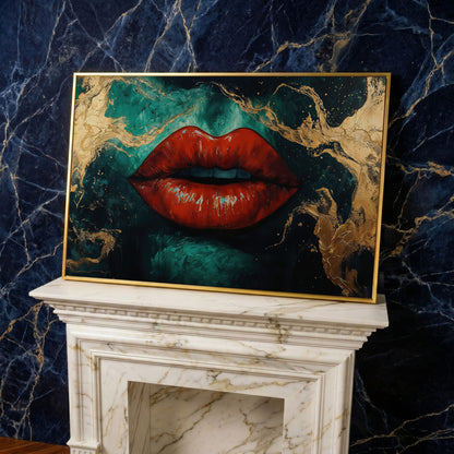 Bold Red Lips Canvas Print with Abstract Emerald Marble in yellow gold floating frame