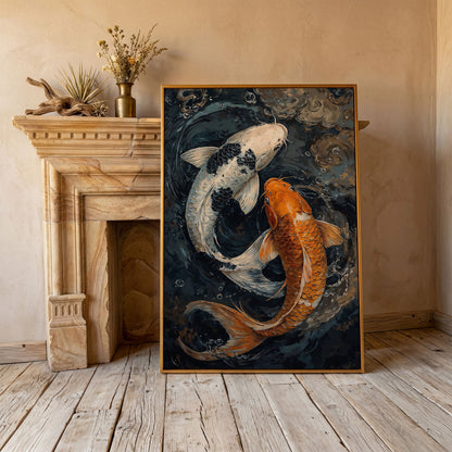 Japanese White Gold Koi Fish Swirling Water Canvas in antique gold floating frame