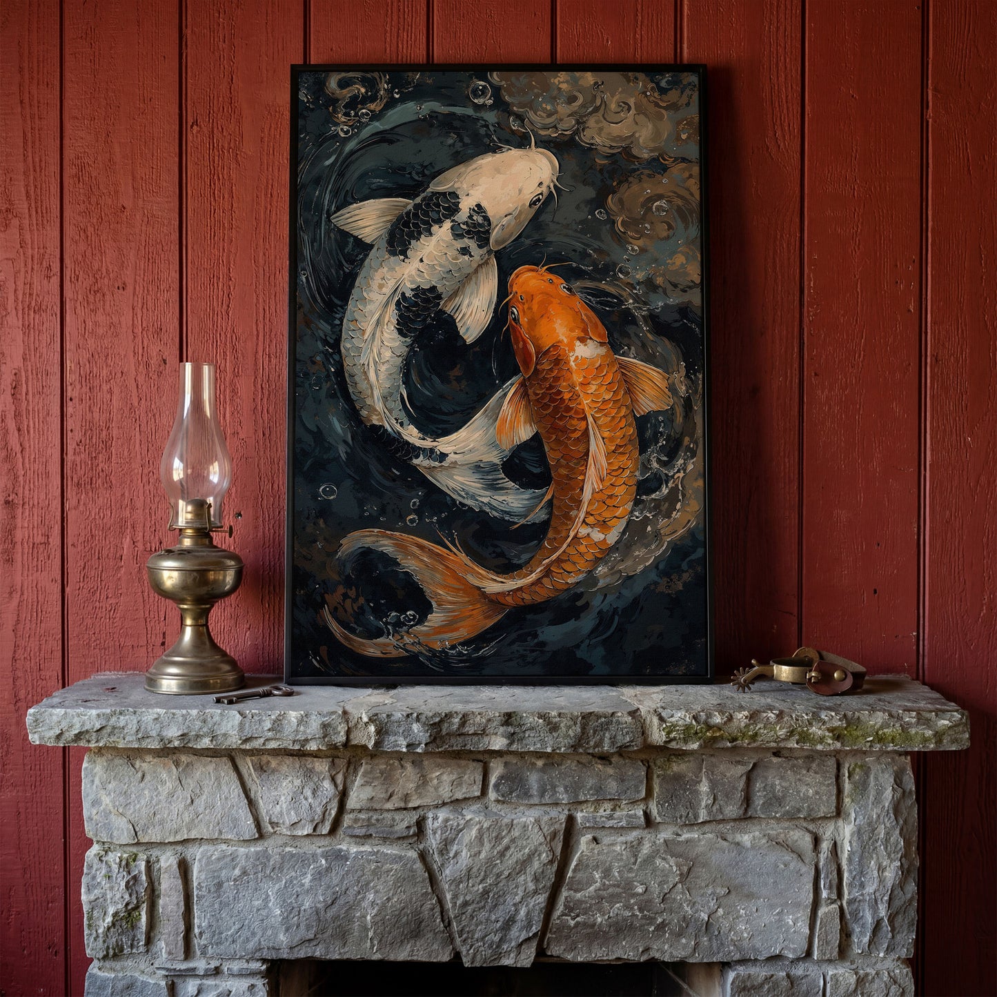 Japanese White Gold Koi Fish Swirling Water Canvas in black floating frame