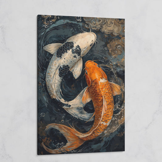 Japanese White Gold Koi Fish Swirling Water Canvas on gallery wrap
