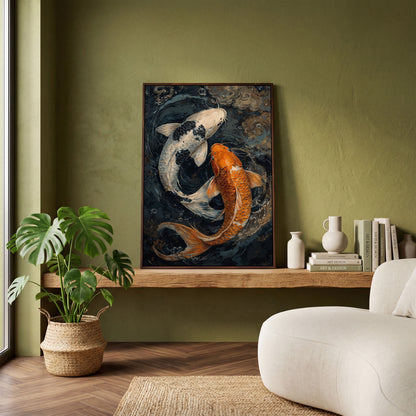 Japanese White Gold Koi Fish Swirling Water Canvas in dark walnut floating frame