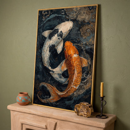 Japanese White Gold Koi Fish Swirling Water Canvas in white oak floating frame