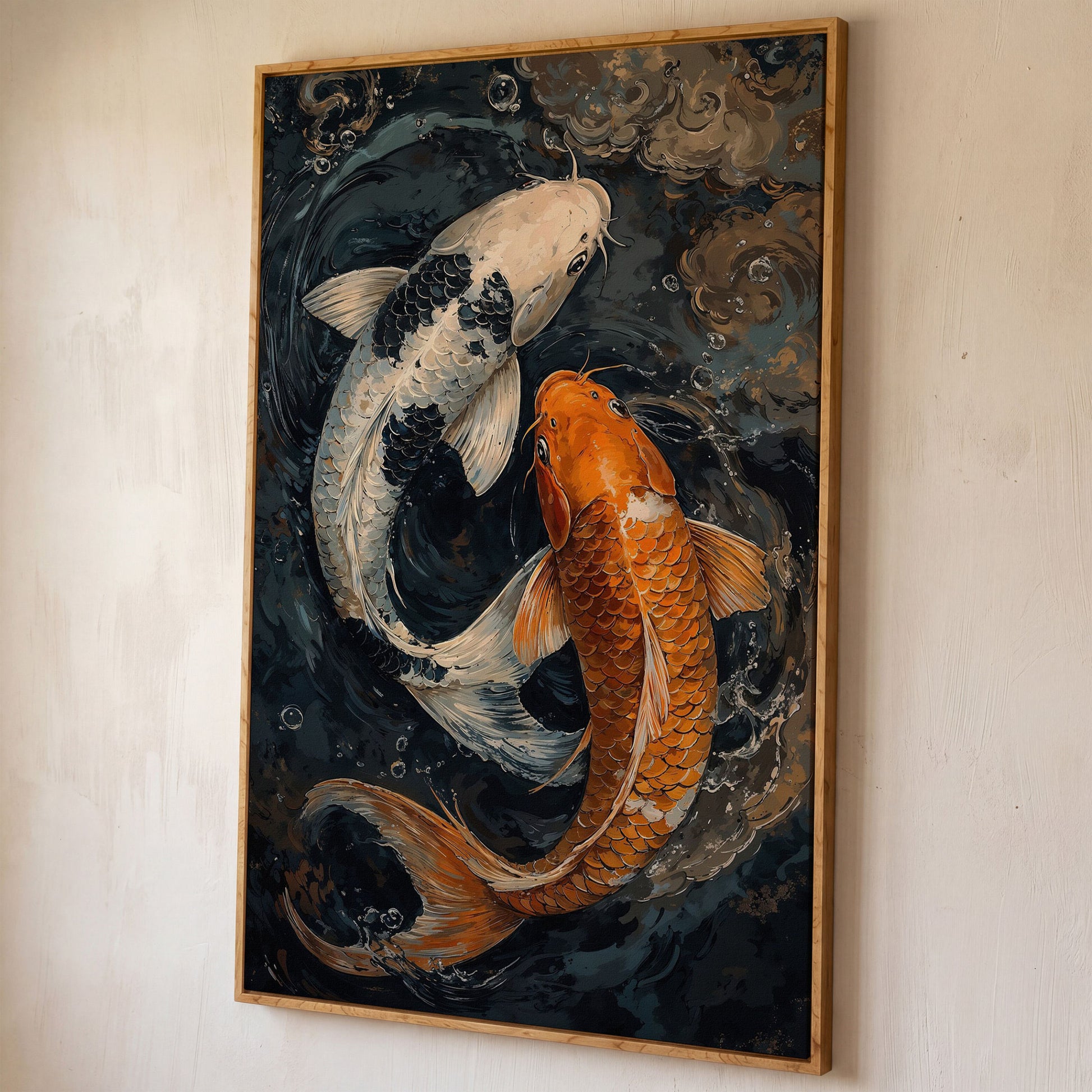 Japanese White Gold Koi Fish Swirling Water Canvas shown in white oak floating frame