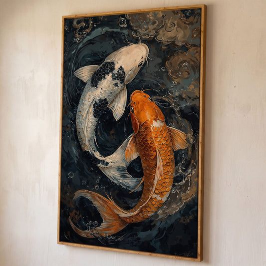 Japanese White Gold Koi Fish Swirling Water Canvas shown in white oak floating frame