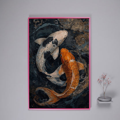 Japanese White Gold Koi Fish Swirling Water Canvas in pink floating frame