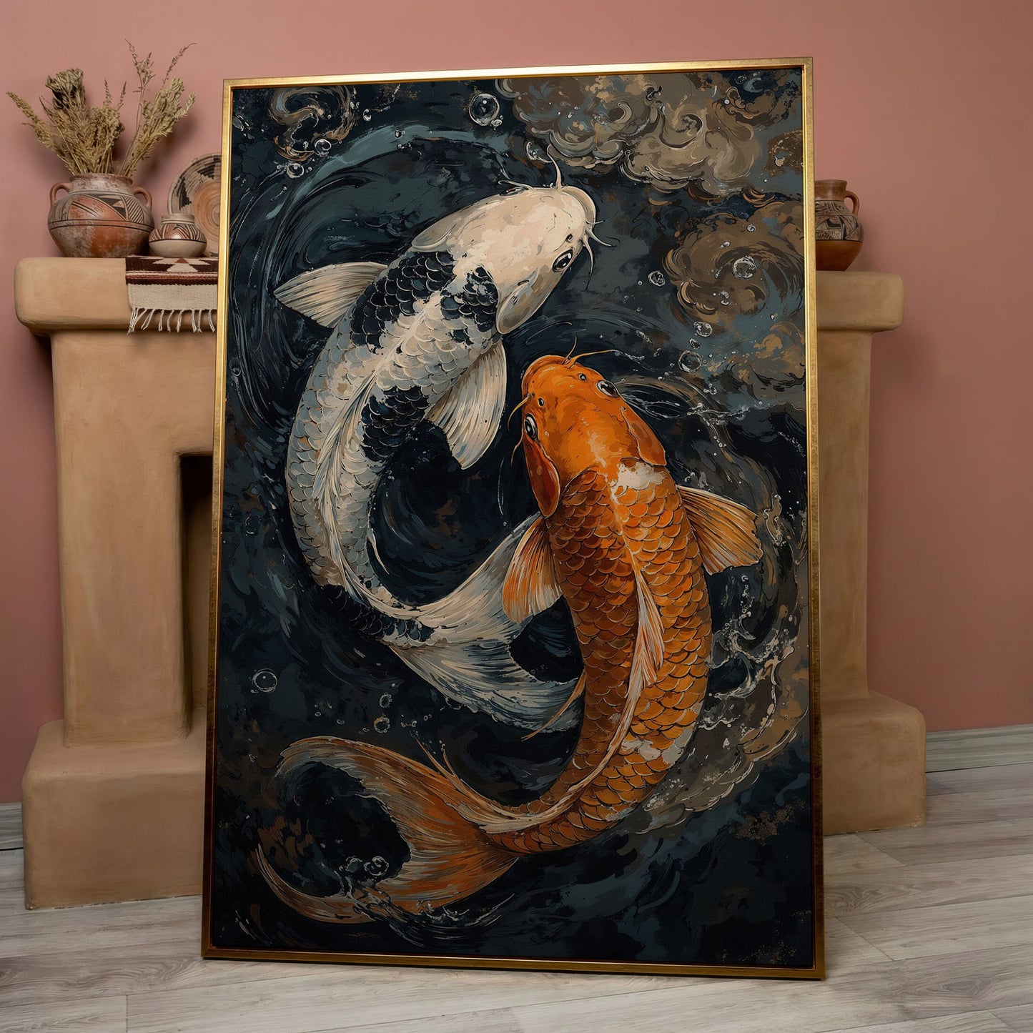 Japanese White Gold Koi Fish Swirling Water Canvas in rose gold floating frame