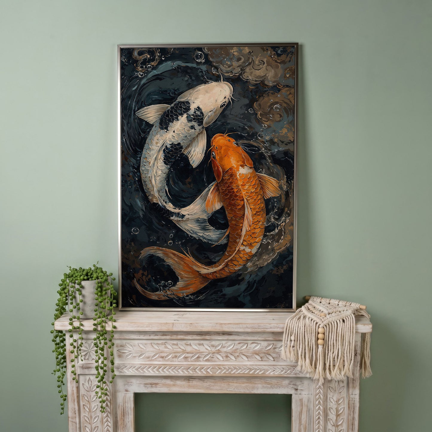 Japanese White Gold Koi Fish Swirling Water Canvas in silver floating frame