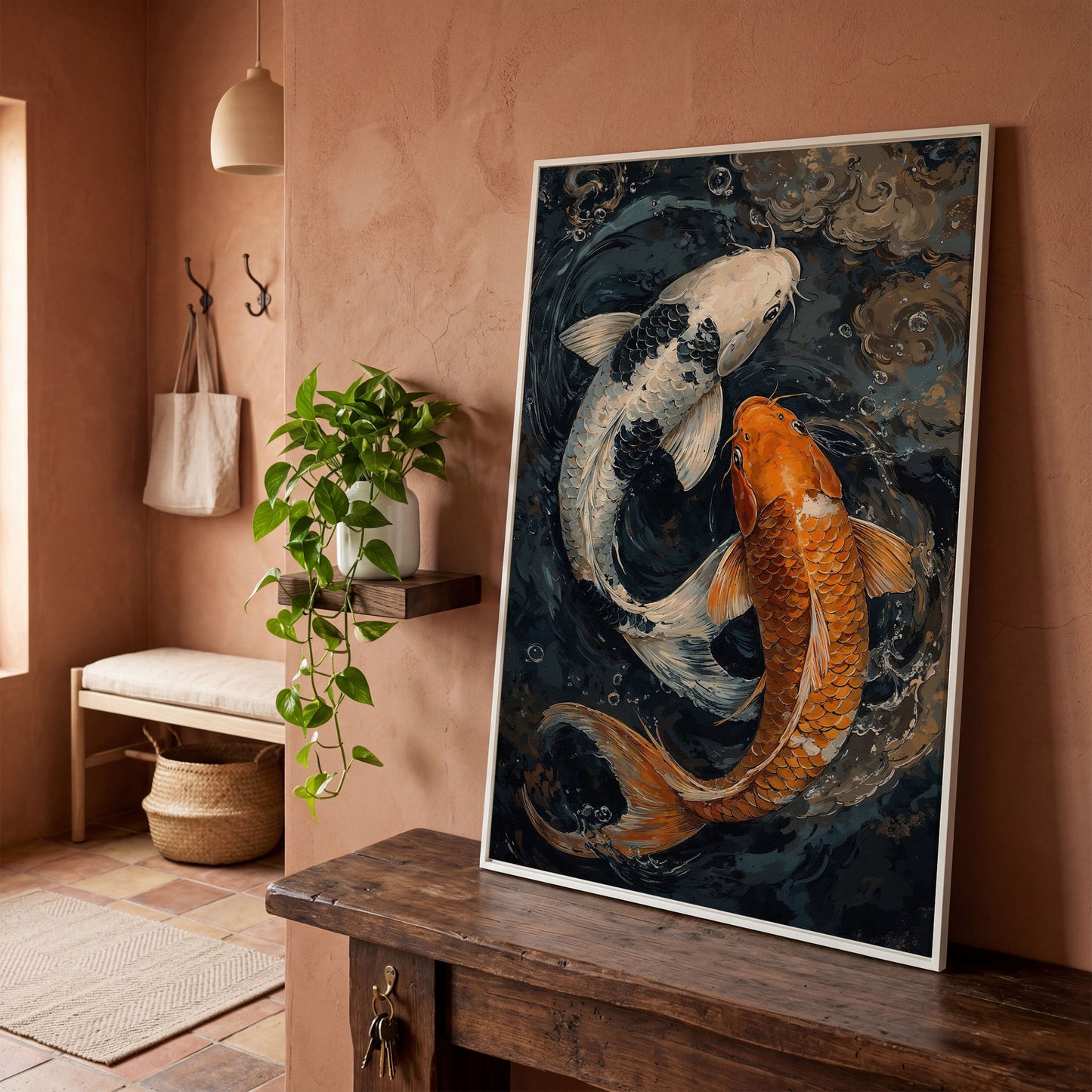 Japanese White Gold Koi Fish Swirling Water Canvas in white floating frame