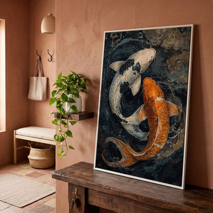 Japanese White Gold Koi Fish Swirling Water Canvas in white floating frame