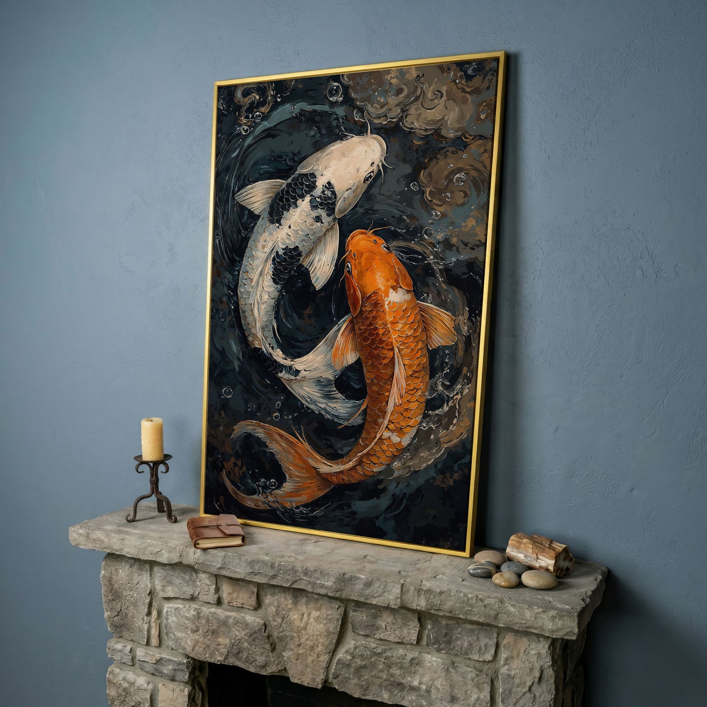 Japanese White Gold Koi Fish Swirling Water Canvas in yellow gold floating frame