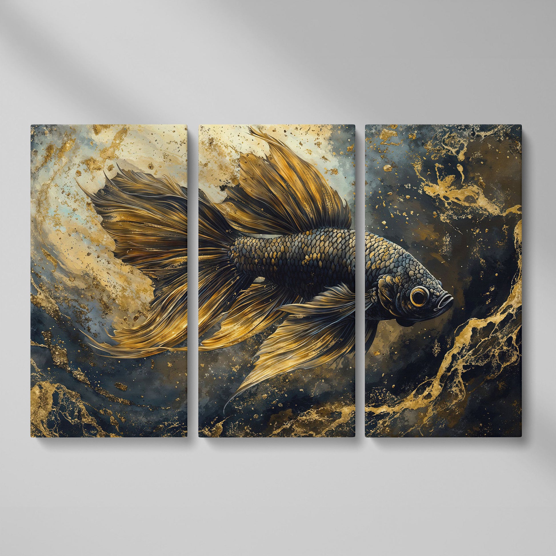 Black Betta Fish Canvas Wall Art as 3-panel split version