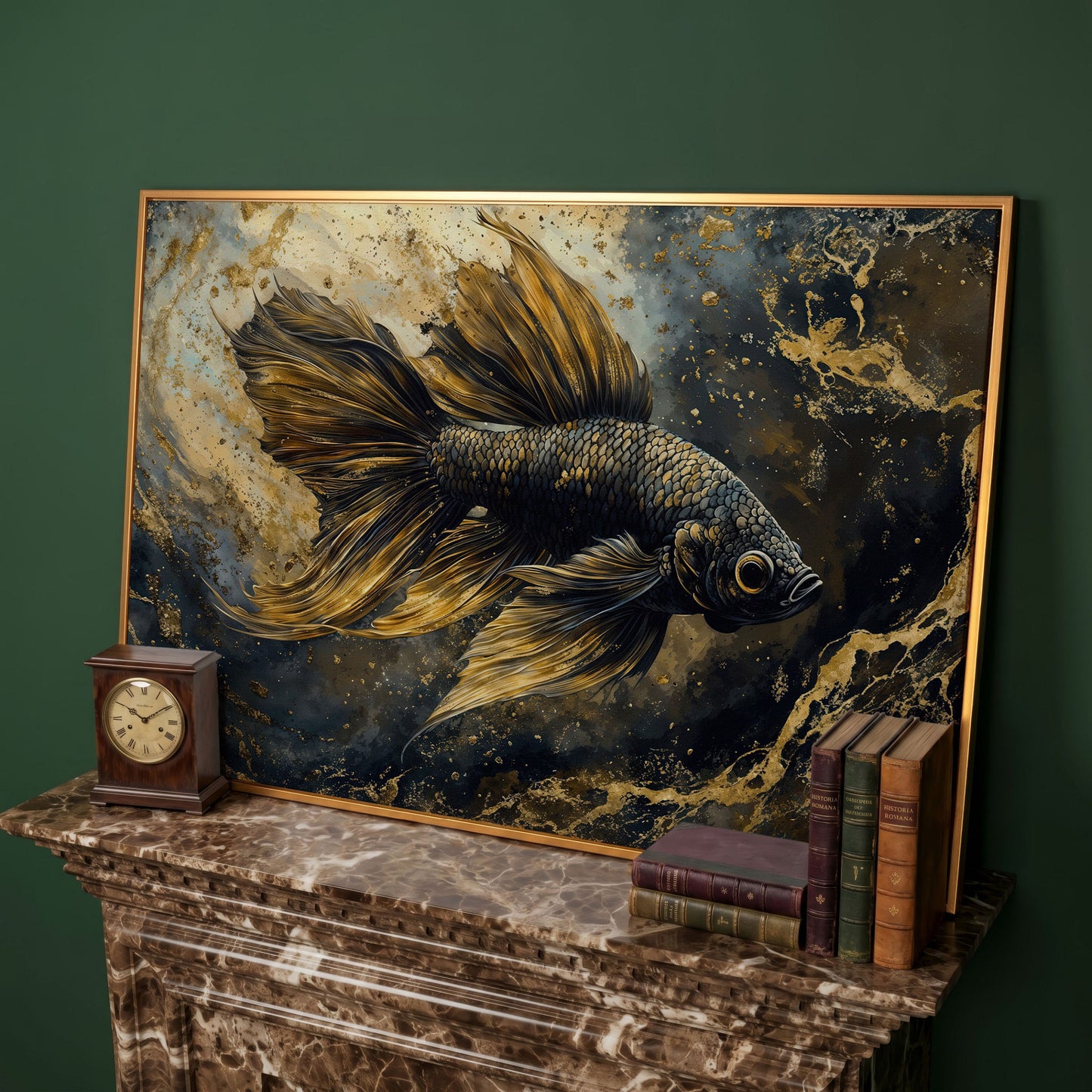 Black Betta Fish Canvas Wall Art in antique gold floating frame