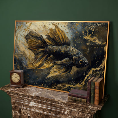 Black Betta Fish Canvas Wall Art in antique gold floating frame