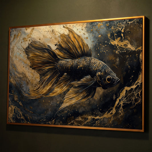 Black Betta Fish Canvas Wall Art shown in antique gold floating frame