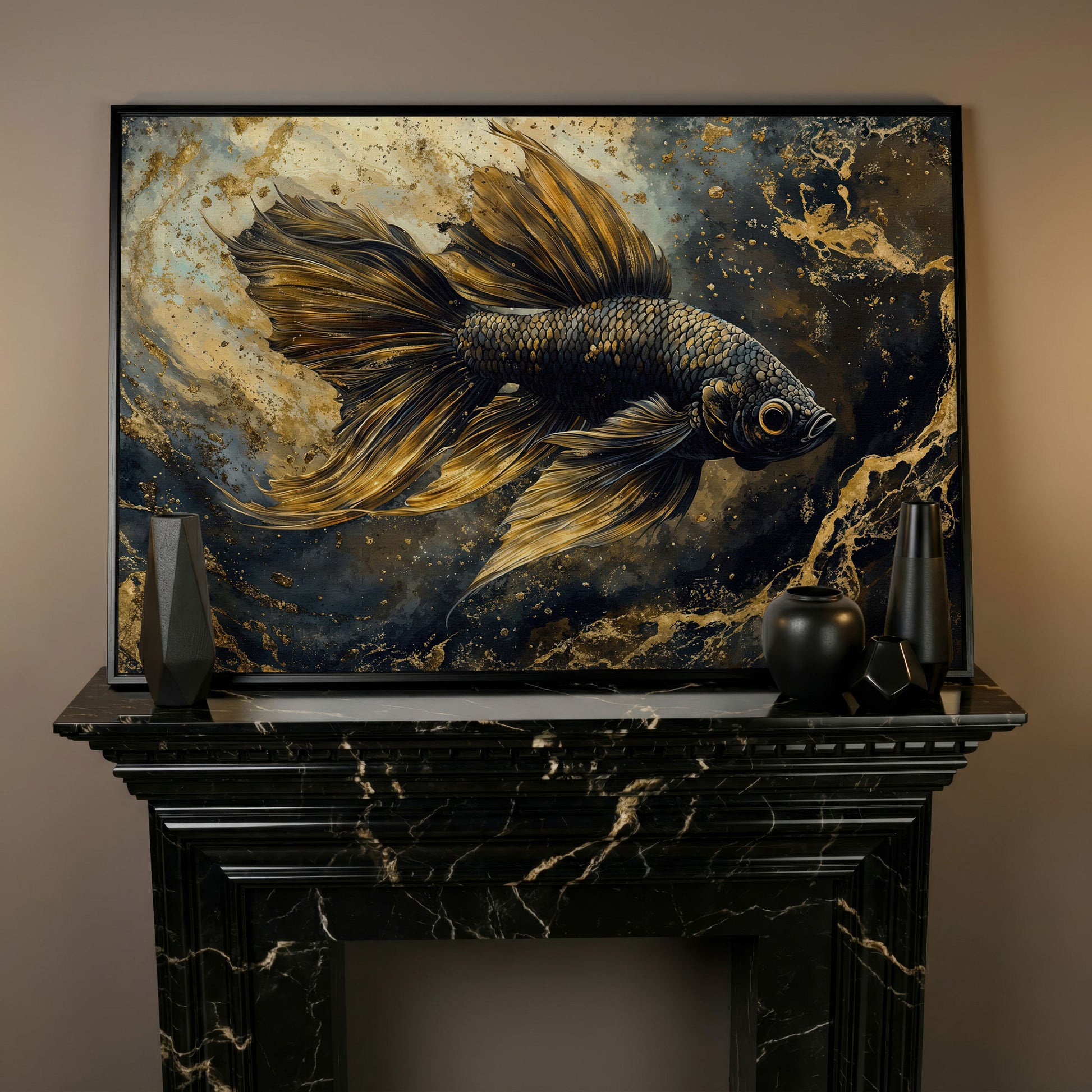 Black Betta Fish Canvas Wall Art in black floating frame