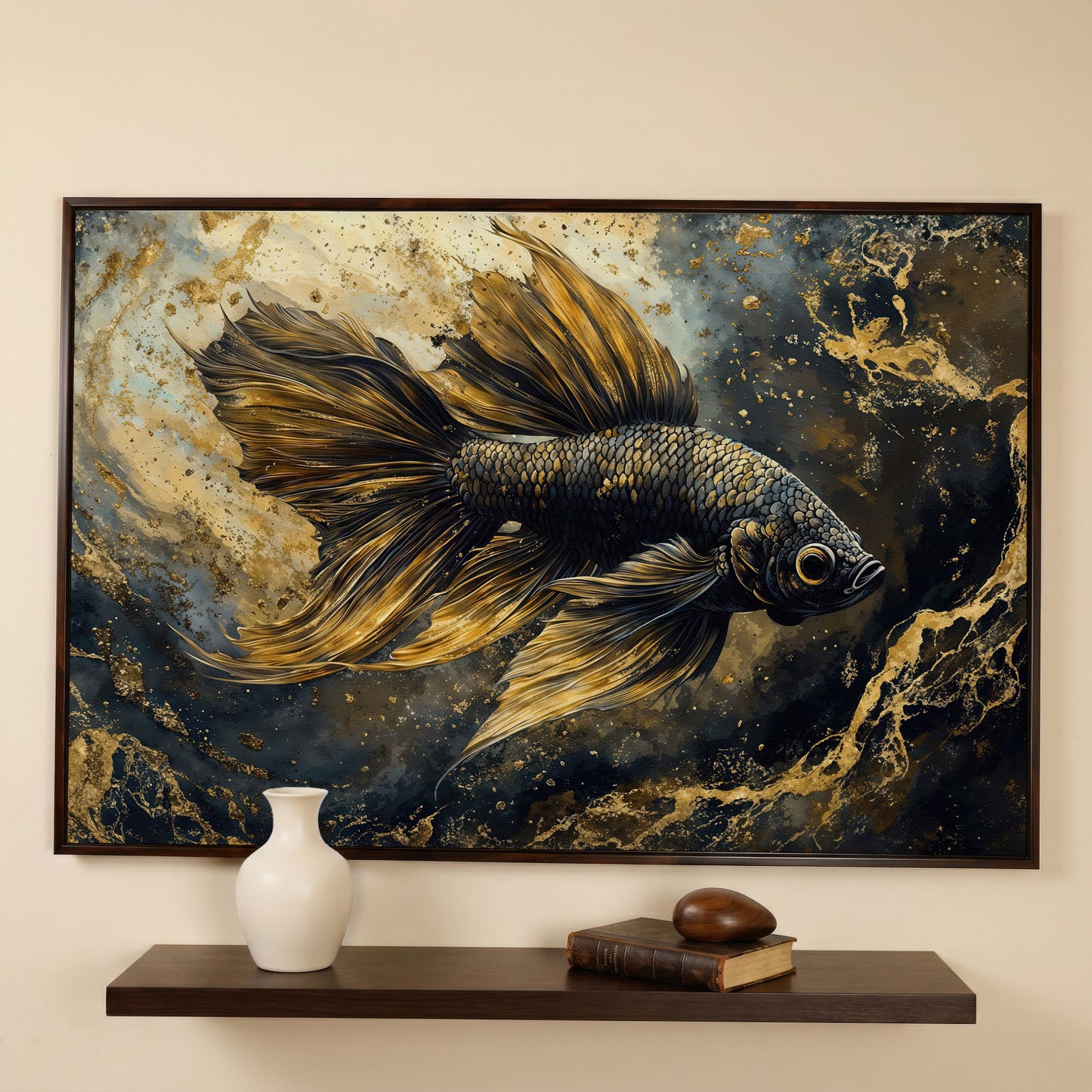 Black Betta Fish Canvas Wall Art in dark walnut floating frame