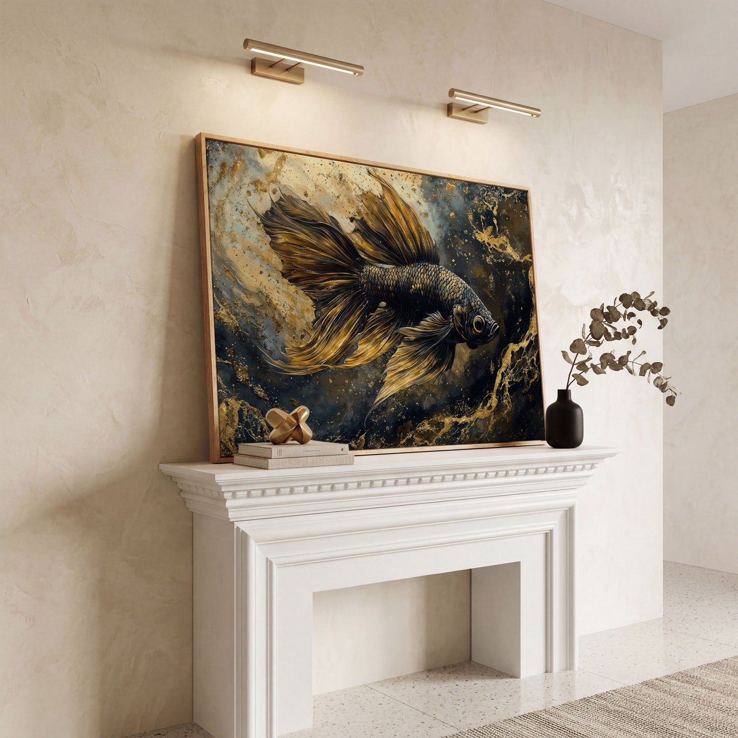 Black Betta Fish Canvas Wall Art in white oak floating frame
