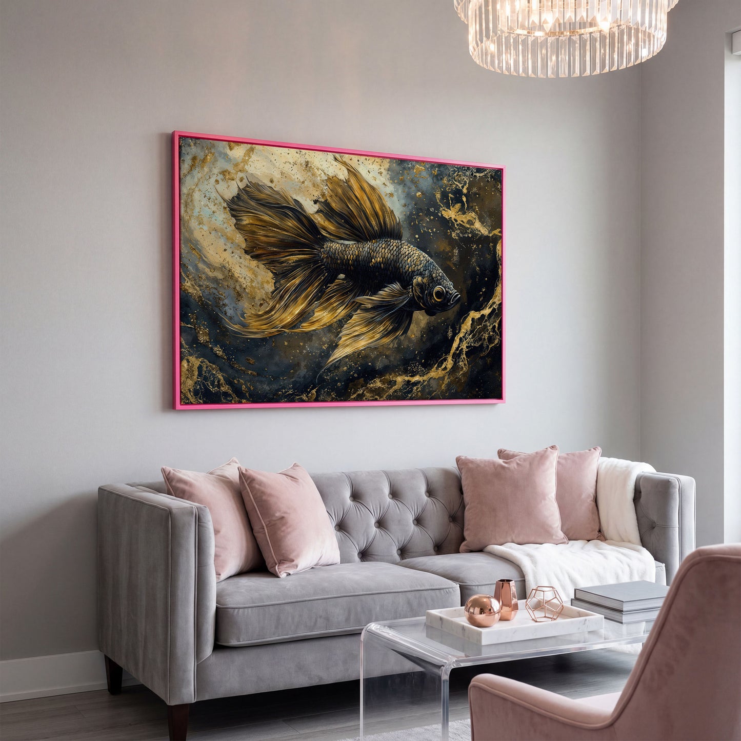 Black Betta Fish Canvas Wall Art in pink floating frame