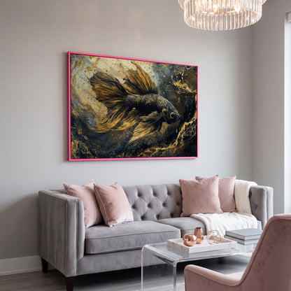 Black Betta Fish Canvas Wall Art in pink floating frame